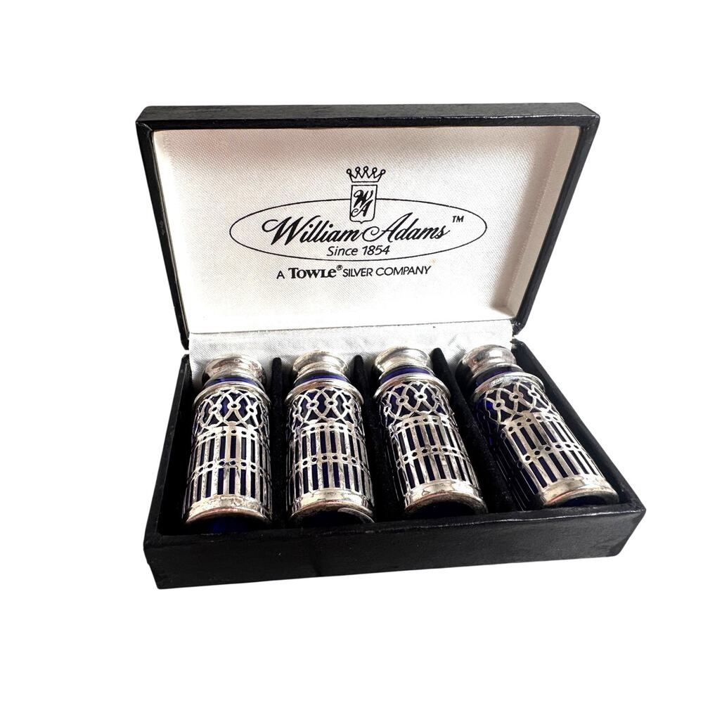VIntage William Adams salt & pepper shaker set of 4 cobalt blue & silver plated